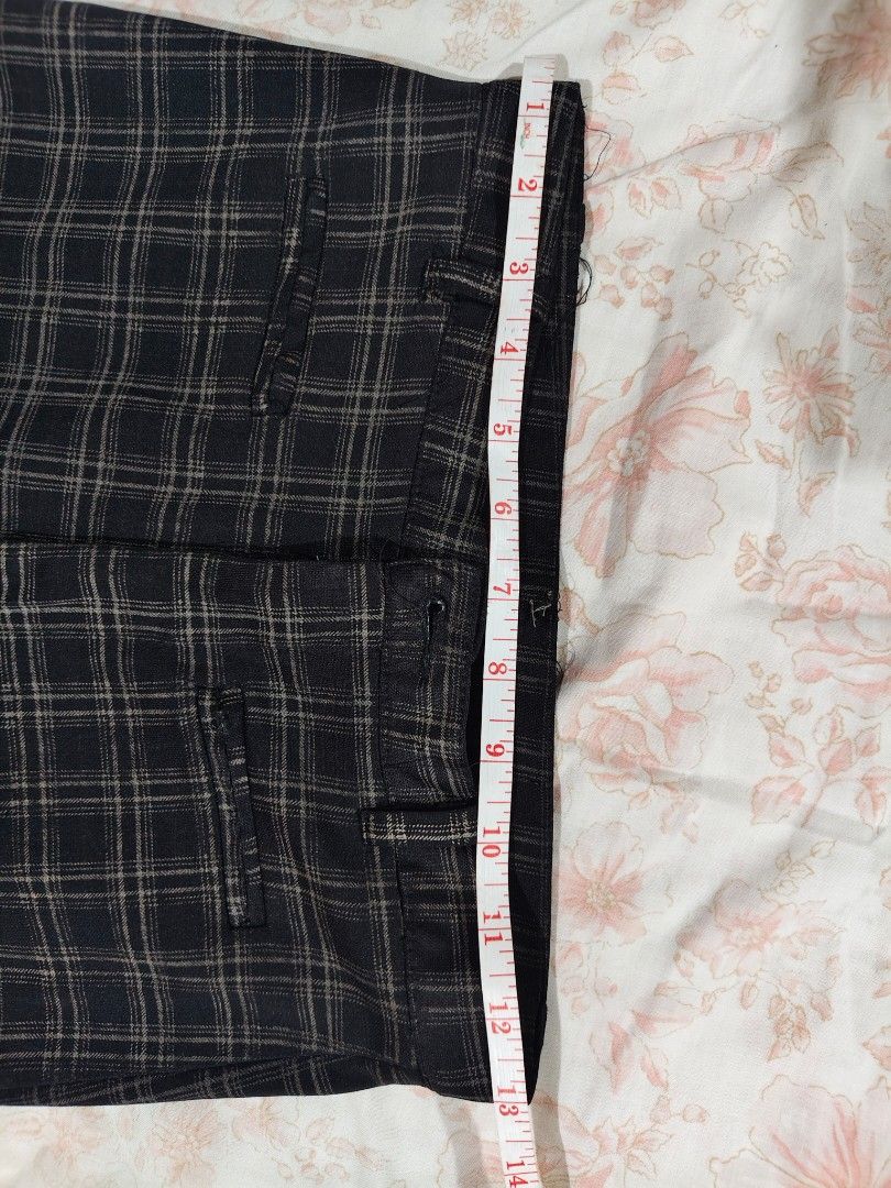 dark gray plaid tartan-patterned flare trousers (Category: Other Bottoms) located in Bulacan. Submitted by angel.decluttersx (Listing ID 1466551302, Image 2). Description: small size Waistline 26" silk smooth fabric material zippers are working no button.