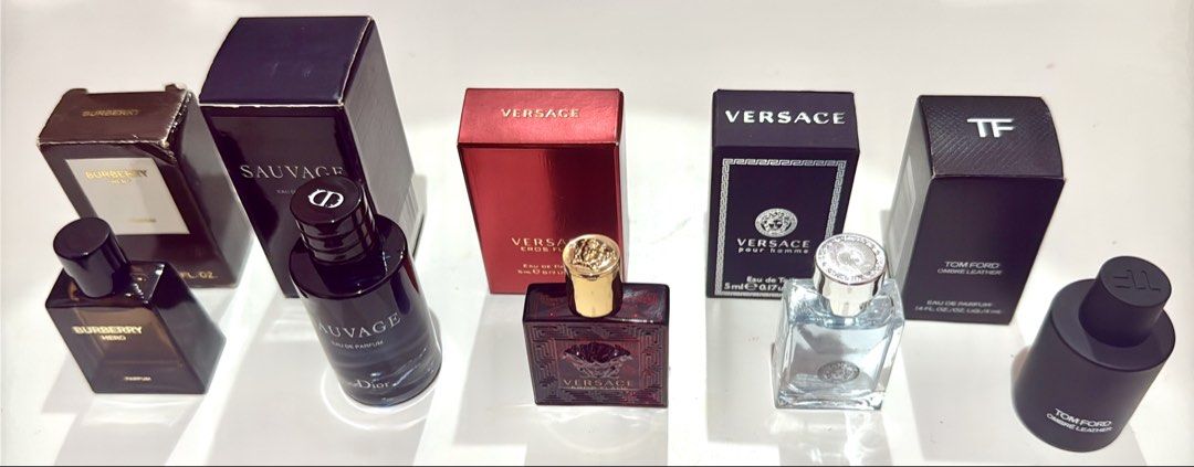 Designer Men's Perfume Miniature Collection Set (Category: Fragrance & Deodorants) located in Bacoor. Submitted by micsr (Listing ID 1466456113, Image 3). Description: For take all only perfect gift for him with dior paperbag all authentic - Authentic men's designer miniature and travel-size fragrances - Includes original boxes for every bottle - Fragrance lineup: Burberry Hero, Dior Sauvage, Versace Eros Flame, Versace Pour Homme, and Tom Ford O