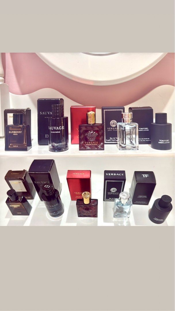 Designer Men's Perfume Miniature Collection Set (Category: Fragrance & Deodorants) located in Bacoor. Submitted by micsr (Listing ID 1466456113, Image 1). Description: For take all only perfect gift for him with dior paperbag all authentic - Authentic men's designer miniature and travel-size fragrances - Includes original boxes for every bottle - Fragrance lineup: Burberry Hero, Dior Sauvage, Versace Eros Flame, Versace Pour Homme, and Tom Ford O
