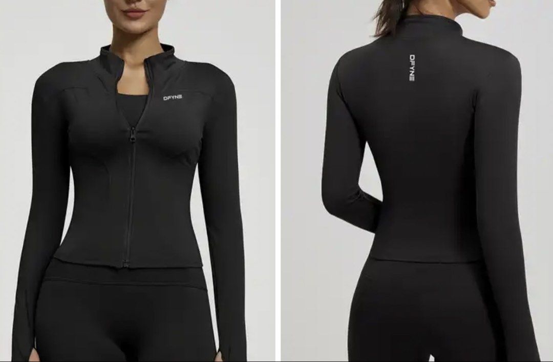 DFYNE Black Activewear Zip Jacket Asian M (Category: Coats, Jackets and Outerwear) located in Angeles City. Submitted by alejeong27 (Listing ID 1466428375, Image 1). Description: DFYNE athletic jacket in black. Full front zipper with high neck collar. White branding on the front chest and back neck area. Long sleeves with thumb holes. Material label reads Asian M, composed of 83% polyester and spandex blend. Slim fit design, good for workouts or 