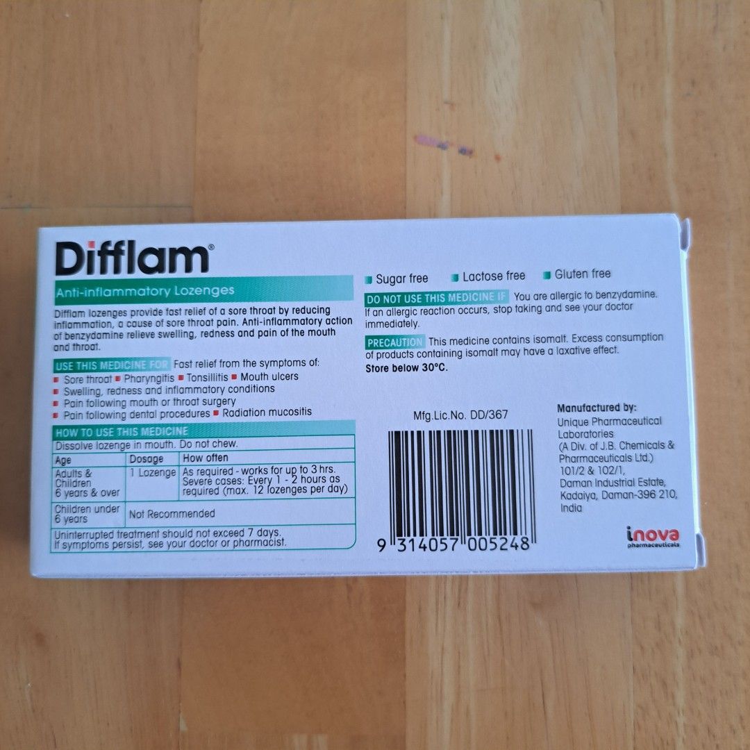 Difflam Lozenges (Category: Medical Supplies & Tools) located in Singapore. Submitted by nicolesong (Listing ID 1466385953, Image 2). Description: Difflam Anti-inflammatory Lozenges Exp: Jul 28.