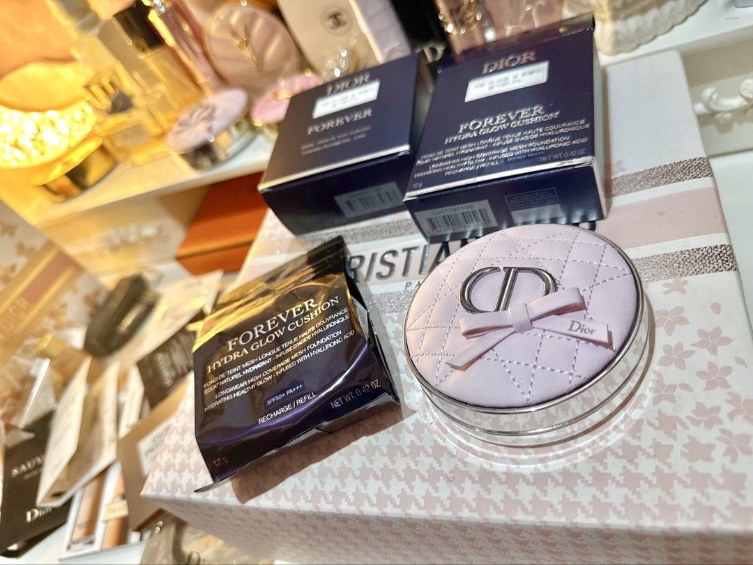 Dior Forever Hydra Glow Cushion Foundation Refill Set (Category: Makeup) located in Bacoor. Submitted by micsr (Listing ID 1466442931, Image 3). Description: - Brand: Dior limited edition pink bow case + refill 0N neutral - Product: Forever Hydra Glow Cushion Foundation Set - Shade: 0N Neutral (Great for fair skin) - Inclusions: Limited-edition pink quilted case with bow detail, 1 refill pouch, and 2 original boxes - Protection: SPF 50+ PA+++ - C