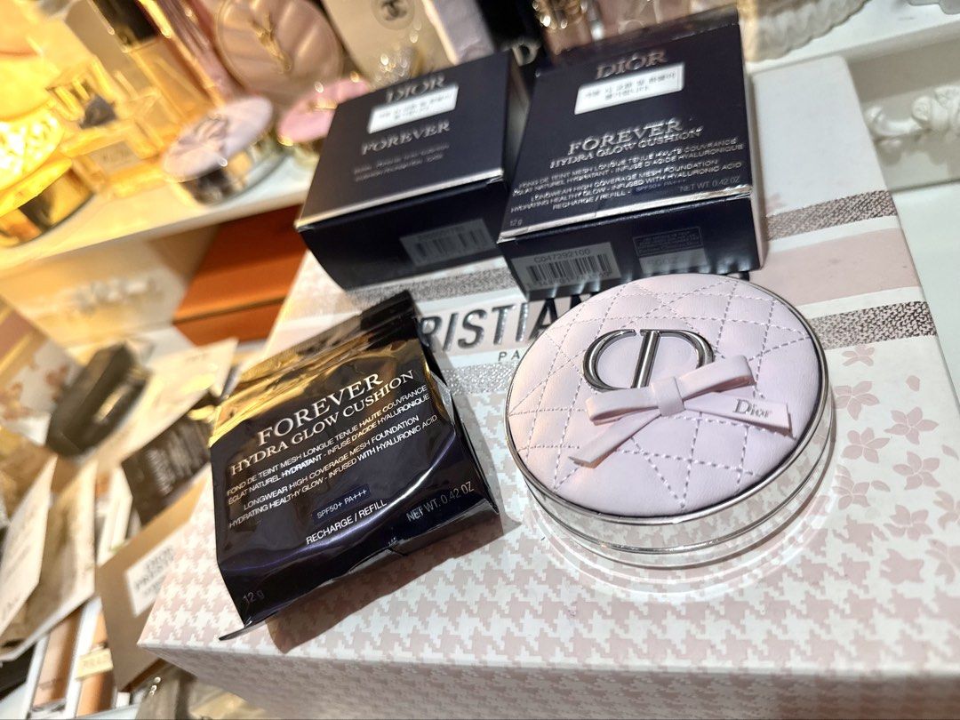 Dior Forever Hydra Glow Cushion Foundation Refill Set (Category: Makeup) located in Bacoor. Submitted by micsr (Listing ID 1466442931, Image 2). Description: - Brand: Dior limited edition pink bow case + refill 0N neutral - Product: Forever Hydra Glow Cushion Foundation Set - Shade: 0N Neutral (Great for fair skin) - Inclusions: Limited-edition pink quilted case with bow detail, 1 refill pouch, and 2 original boxes - Protection: SPF 50+ PA+++ - C