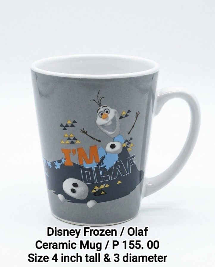Disney Frozen Olaf Ceramic Mug (Category: Coffee & Tea Tableware) located in Binan City. Submitted by mayjhe (Listing ID 1466472233, Image 1). Description: 💛 For Sale 💛 🌸 Disney Frozen Olaf 🍀 Ceramic Mug 📍 Condition: Good / No box 💰 Price is ₱ 155.00 👉 Other details posted 🇵🇭 Location Biñan Laguna 🛵 Courier J& T and Lalamove 📋 Shipping by schedule 📍 NO COD & COP 📌 All items are carefully packed and labeled with Fragile stickers for b