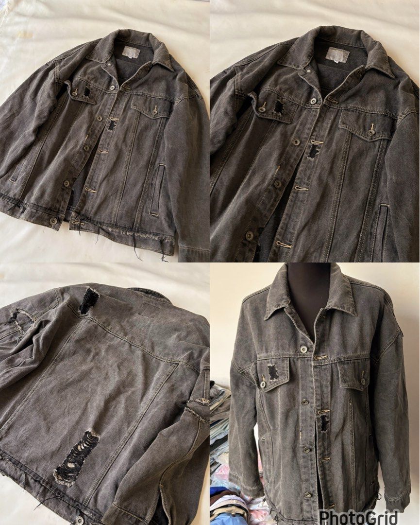 Distressed Acid Wash Black Denim Jacket Oversized (Category: Coats, Jackets and Outerwear) located in Manila. Submitted by mpt99876 (Listing ID 1466518793, Image 1). Description: - Style: Oversized streetwear denim jacket - Wash: Dark acid wash finish - Details: Heavy distressing on collar, chest pockets, back, and hem - Features: Button-up closure, functional front pockets, and frayed raw hem.