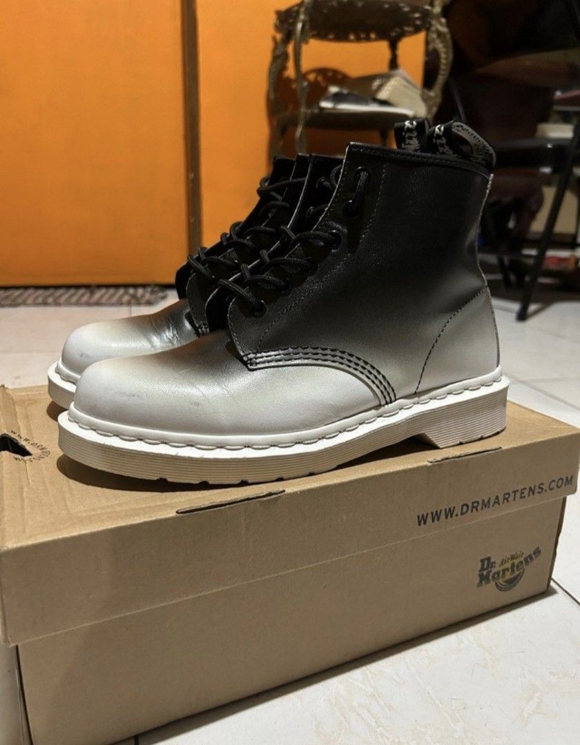 Dr. Martens Boots (Category: Boots) located in Las Pinas. Submitted by second.founds (Listing ID 1466437795, Image 2). Description: - Model: Dr. Martens 101 Ankle Boots - Color/Finish: White and Black Fade Out Backhand Leather - Features: Classic ankle height, contrast white welt stitching, and signature bouncing soles - Size: UK 7 / US 8 / EU 41 - Condition: Clean overall with minimal wear on soles. once lang nagamit for a concert. - Inclusion: 