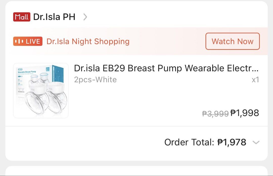 dr.isla EB29D Wearable Breast Pump Set (Category: Breastfeeding & Bottle Feeding) located in Quezon City. Submitted by macastillo1998 (Listing ID 1466560357, Image 2). Description: Dr.Isla EB29D wearable electric breast pump double set. Includes two pump motors, collection cups, flanges, milk collection bowls, valves, and original packaging box. Wireless and hands-free design. Multiple optional modes and suction levels for comfortable pumping ses