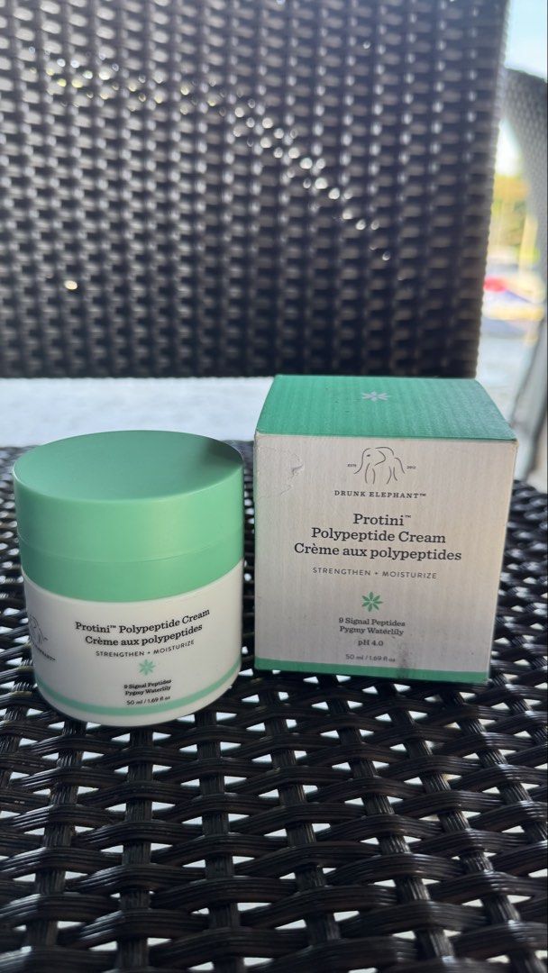 Drunk Elephant Protini Polypeptide Cream 50ml (Category: Face Care) located in Quezon City. Submitted by vaniteees (Listing ID 1466386547, Image 1). Description: - Brand: Drunk Elephant - Product: Protini Polypeptide Cream - Size: 50 ml container - Condition: Brand new, unused, comes with original outer box and price sticker intact - Key Benefits: Strengthening and moisturizing formula with 9 signal peptides and pygmy waterlily - Formula Details: