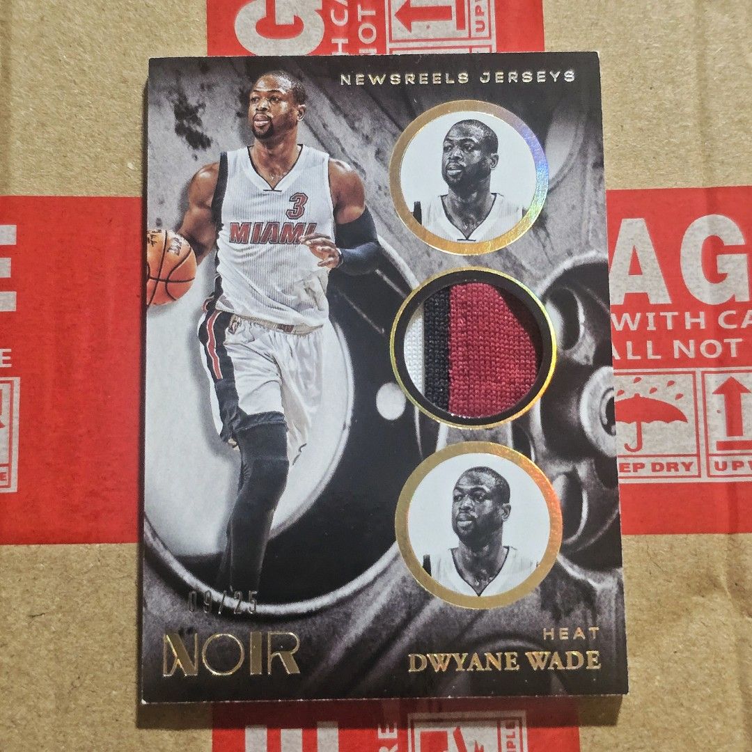 Dwyane Wade (Category: Raw Singles) located in Mandaluyong City. Submitted by kyreii (Listing ID 1466541845, Image 1). Description: 2020-21 Panini Noir Newsreels Gold Patch Dwyane Wade /25 Slightly chipping. Nice 3 color patch..
