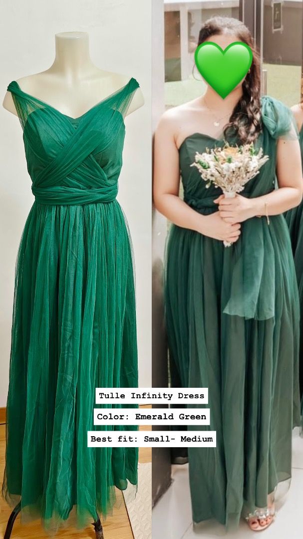 Emerald Green Tulle Infinity Dress Small to Medium (Category: Evening dresses & gowns) located in Pasay City. Submitted by vastlion-80a7d7 (Listing ID 1466456011, Image 1). Description: Tulle infinity dress in emerald green. Versatile top style with criss-cross or one-shoulder options. Long flowing skirt with layered tulle fabric. Best fit for small to medium body frames. Worn once for a wedding, dry cleaned and ready to wear again. Price - Negot