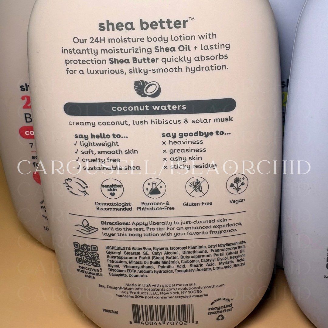 eos body lotion (Category: Body Care) located in Ajuy. Submitted by islaorchid (Listing ID 1466535553, Image 2). Description: Authentic EOS Shea Better 24H Moisture Body Lotion | 16 fl oz | Brand new - Available Scents and in stock: (2) Coconut Waters & (3) Vanilla Cashmere - 24-hour hydration packed with 7 nourishing oils & butters - Dermatologist-recommended, vegan, and cruelty-free Vanilla Cashmere 🤍 A warm, sweet gourmand scent with whipped 