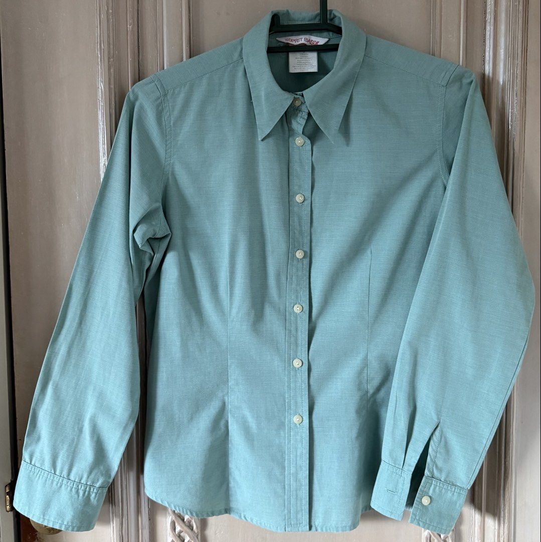 Esprit Basic Green Cotton Long Sleeve Button-Up Shirt (vintage) (Category: Longsleeves) located in Quezon City. Submitted by d.othersetc (Listing ID 1466374327, Image 1). Description: - Brand: Esprit - Style: Basic button-up shirt with front button closure - Color: Sage green - Size: Women's Small (Pit-to-pit: ~19 inches) - Material: 100% Cotton - Details: Long sleeves with button cuffs, classic collar, and front/back darting for a fitted, flatte