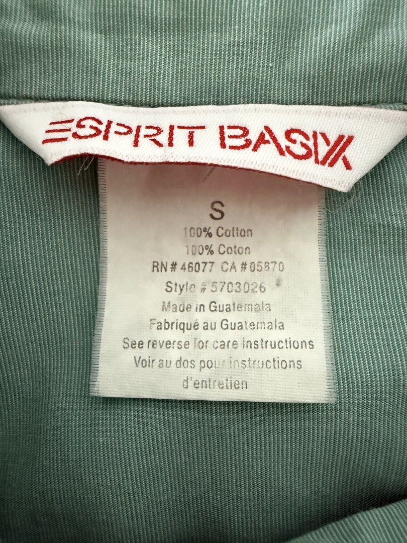 Esprit Basic Green Cotton Long Sleeve Button-Up Shirt (vintage) (Category: Longsleeves) located in Quezon City. Submitted by d.othersetc (Listing ID 1466374327, Image 3). Description: - Brand: Esprit - Style: Basic button-up shirt with front button closure - Color: Sage green - Size: Women's Small (Pit-to-pit: ~19 inches) - Material: 100% Cotton - Details: Long sleeves with button cuffs, classic collar, and front/back darting for a fitted, flatte