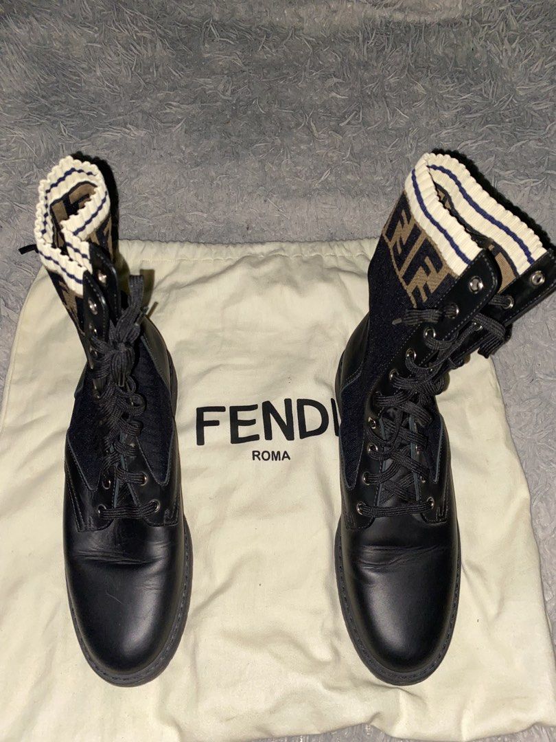 Fendi Rockoko leather biker boots (Category: Sneakers & Footwear) located in Lantawan. Submitted by alfhadzrie23687 (Listing ID 1466511524, Image 2). Description: Fendi rockoko leather biker boots with stretch fabric .