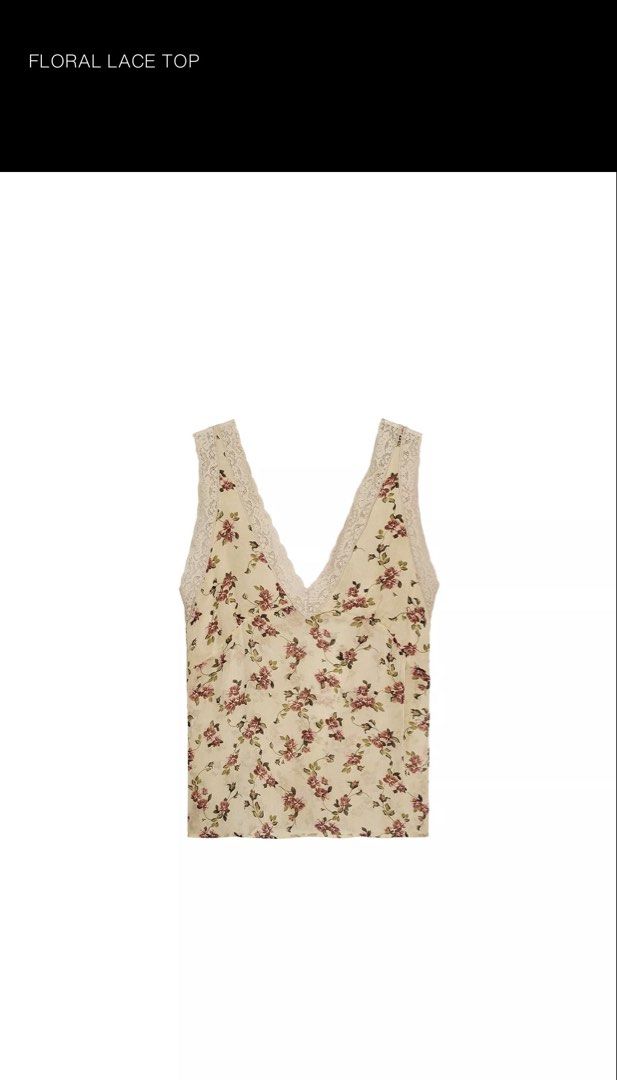ZARA FLORAL LACE TOP (Category: Blouses) located in Cebu City. Submitted by jennydin (Listing ID 1466413628, Image 1). Description: - Cream sleeveless top with pink rose and green leaf floral print - V-neckline with delicate lace trim along straps and front - Lightweight fabric with a slight crinkle texture - Straight hemline at the waist - Versatile piece for layering or wearing alone with jeans or skirts Just removed tagged. Never been worn RFS