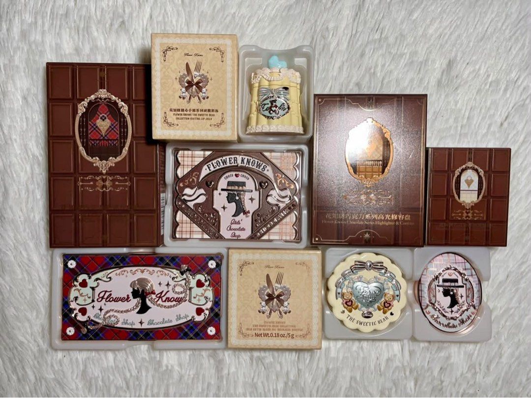 Flower Knows Makeup Bundle III (Category: Makeup) located in Las Pinas. Submitted by rich.collects (Listing ID 1466474371, Image 1). Description: 🍫 Chocolate Wonder-Shop Eyeshadow Palette - 01 The Nutcracker 🍫 Chocolate Wonder-Shop Highlighter and Contour 🍫 Chocolate Wonder-Shop Embossed Blush - 01 Bedtime Story 🍫 The Sweetie Bear Silk Satin Blush - S01 Shimmer Soufflé (Global) 🍫 The Sweetie Bear Coating Lip Jelly - JE02 Puff Bear.