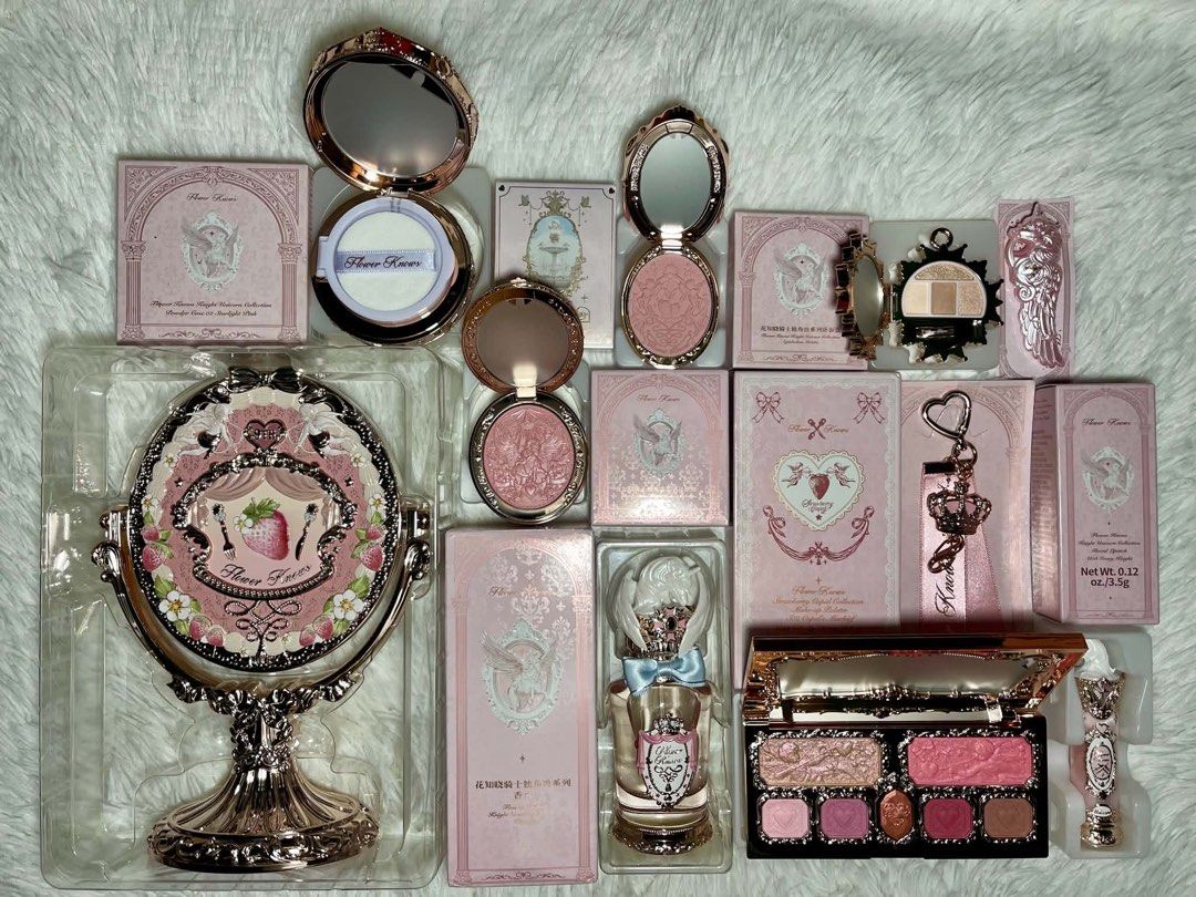 Flower Knows Makeup Bundle V (Category: Makeup) located in Las Pinas. Submitted by rich.collects (Listing ID 1466475921, Image 2). Description: 🍓 9th Anniversary Vanity Mirror 🍓 Knight Unicorn Perfume - Raspberry Nectar 🍓 Strawberry Cupid Eyeshadow Palette - S02 Cupid’s Mischief 🍓 Knight Unicorn Cloud Loose Setting Powder - 02 Milky Pink 🍓 Knight Unicorn Satin Blush - 01 Carousel Waltz 🍓 Strawberry Rococo Embossed Blush - 03 Classic Ballet 