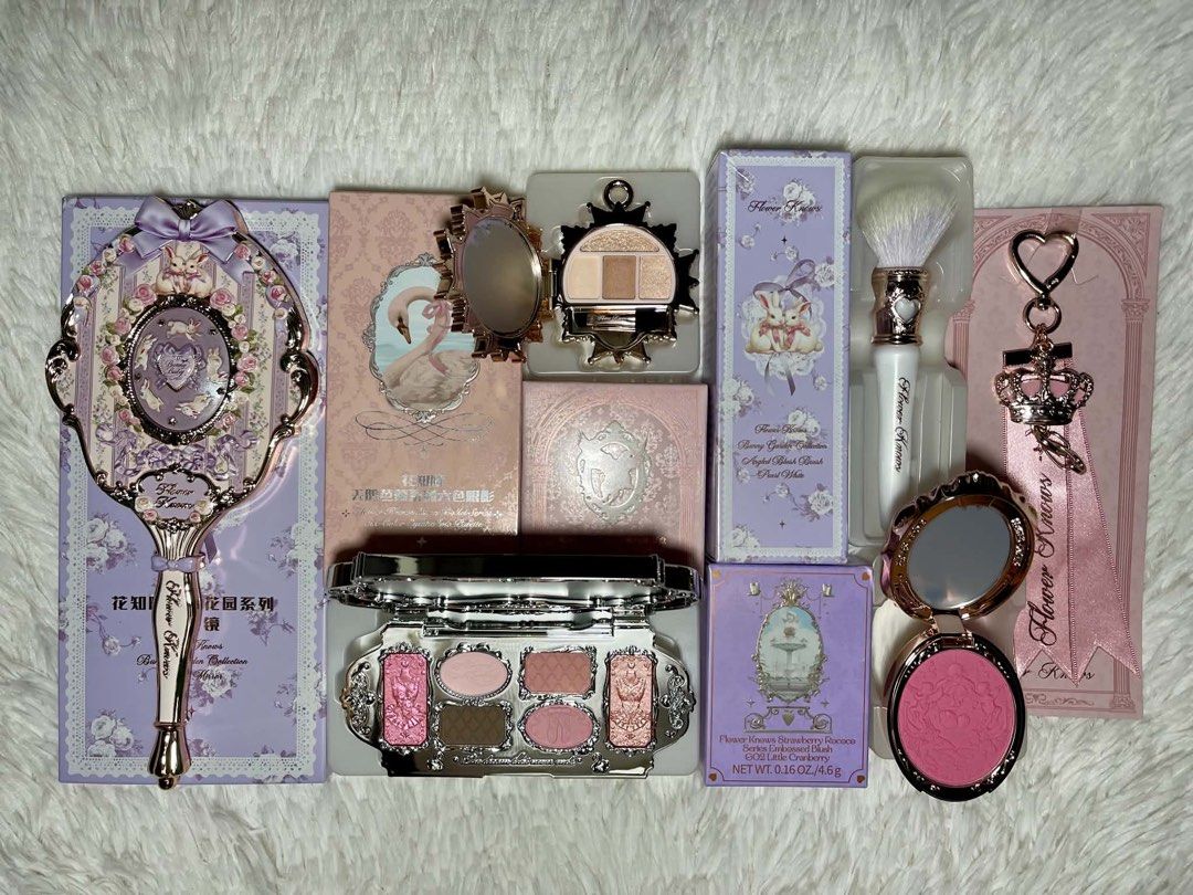 Flower Knows Makeup Bundle VII (Category: Makeup) located in Las Pinas. Submitted by rich.collects (Listing ID 1466476775, Image 2). Description: 🐇 Bunny Garden Hand Mirror - Wisteria Purple 🐇 Swan Ballet Eyeshadow Palette - 03 Pink Swan 🐇 Strawberry Rococo Embossed Blush - G02 Little Cranberry 🐇 Knight Unicorn Eyeshadow Palette & Charm - 01 Gilt Pink 🐇 Bunny Garden Angled Blush Brush - Pearl White.