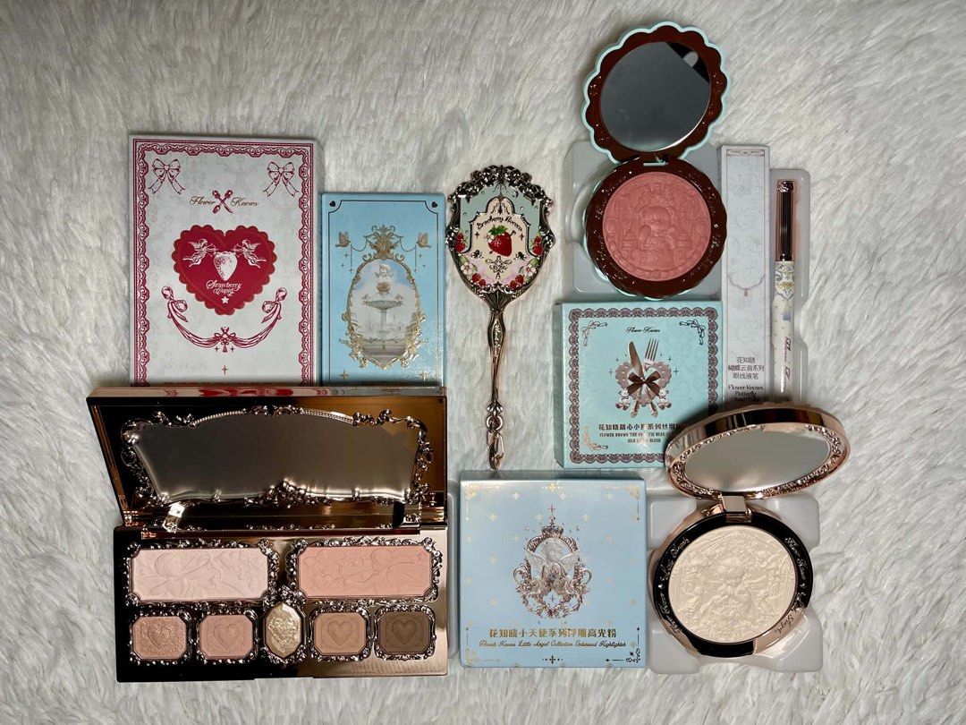 Flower Knows Makeup Bundle VIII (Category: Makeup) located in Las Pinas. Submitted by rich.collects (Listing ID 1466477244, Image 2). Description: 🐬 Strawberry Rococo Miniature Mirror Charm - Tea Mint 🐬 Strawberry Cupid Eyeshadow Palette - 01 Honey Canelé 🐬 Little Angel Embossed Highlighter - M01 Faded Anadem 🐬 The Sweetie Bear Silk Satin Blush - 05 Bear Biscuit 🐬 Butterfly Cloud Collar Eyeliner - Ink Black.