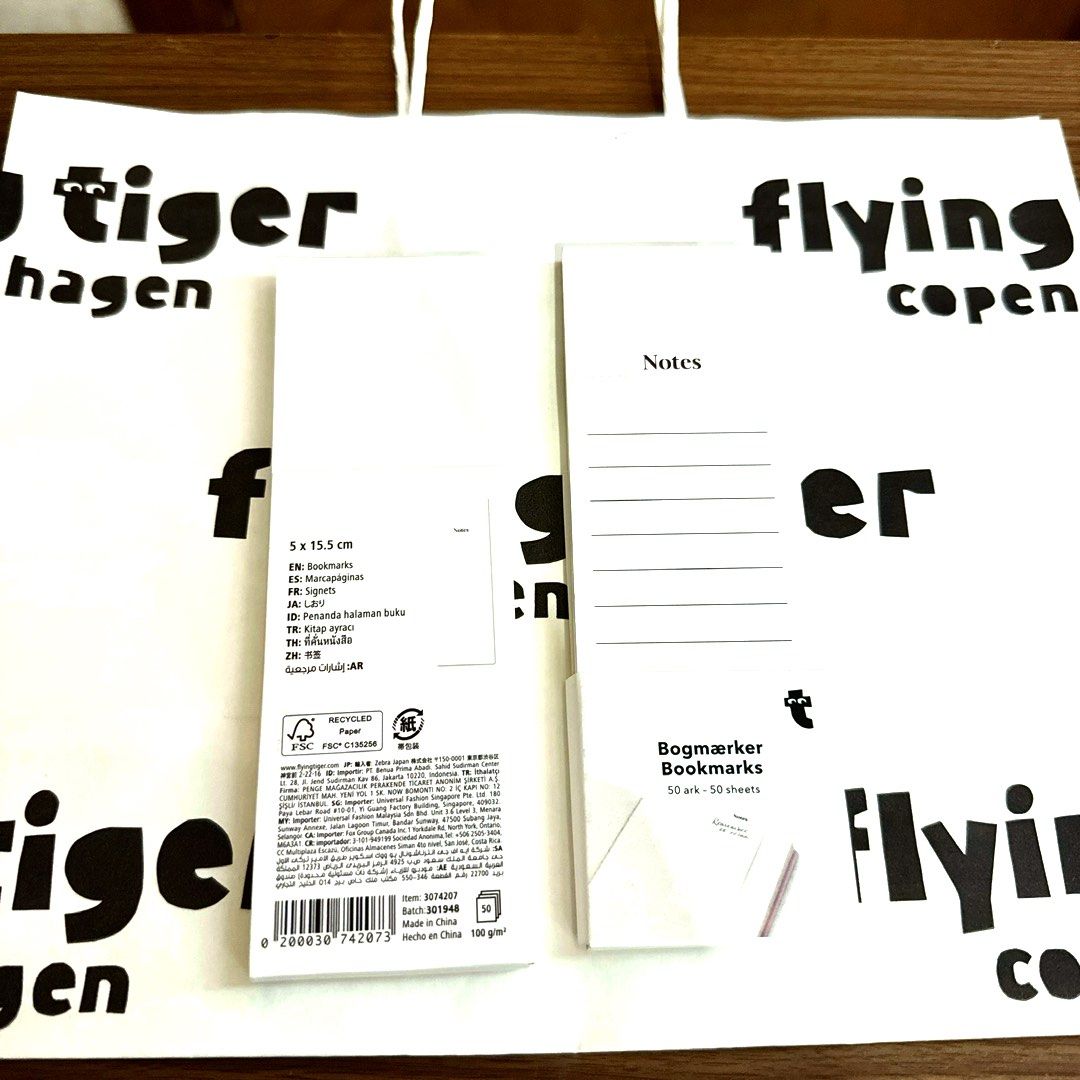 Flying Tiger Copenhagen Bogmærker Bookmarks Notes 50 Sheets (Category: Stationery & School Supplies) located in Quezon City. Submitted by appplebananna (Listing ID 1466472447, Image 2). Description: - Authentic Flying Tiger Copenhagen bookmark notes - 50 lined sheets per pad - Size: 5 x 15.5 cm - Eco-friendly, made with recycled paper - Perfect for books and planners to jot down quick reminders.