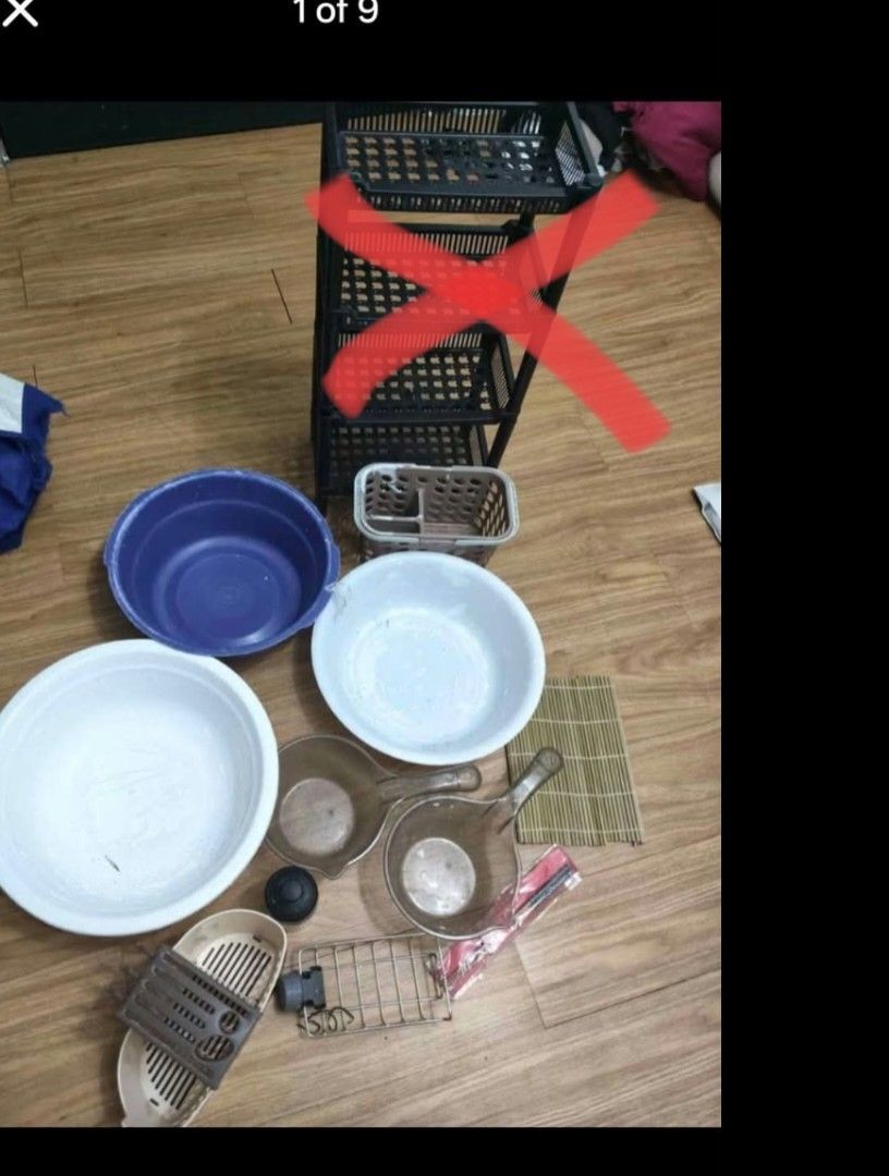 For sale Basins, Scoops, and Baskets (Category: Storage Boxes & Baskets) located in Mandaluyong City. Submitted by derekalava (Listing ID 1460090929, Image 1). Description: For sale Basins, Scoops, and Baskets 4-Tier Shelf, Basins, Scoops, and Baskets Bundle includes: 4-tier black plastic shelf, 2 large basins (1 white, 1 blue), 2 plastic scoops, small bamboo mat, utensil holder, and small woven basket. - Perfect for home organization or kitchen 