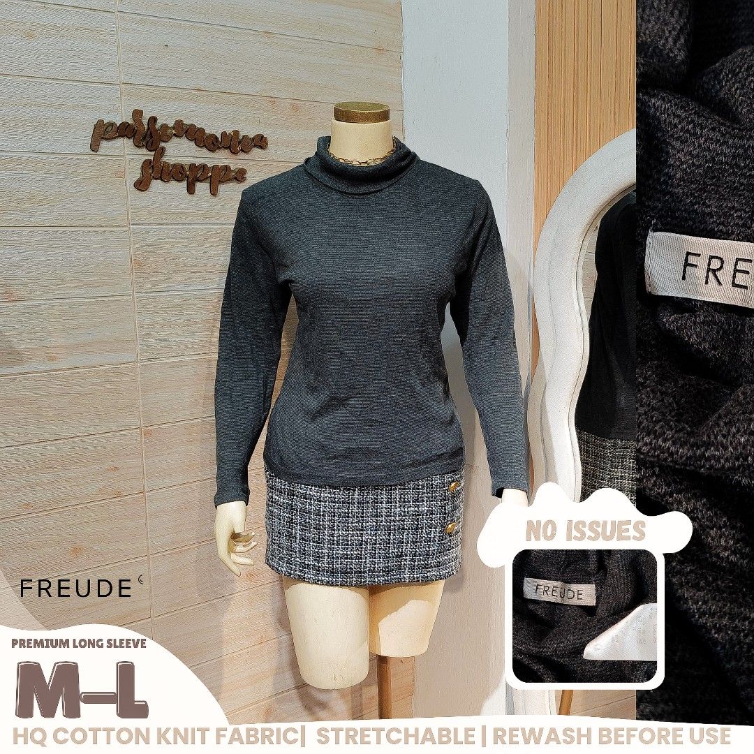 Freude Dark Grey Turtleneck Long Sleeve Top (Category: Longsleeves) located in Bulacan. Submitted by alyssarys (Listing ID 1466416807, Image 1). Description: - Brand: Freude - Color: Dark Grey - Style: Turtleneck long sleeve top - Material: High-quality, very stretchable cotton knit - Size: Fits M to L - Condition: Excellent, clean, no issues found - Perfect for layering and daily wear.