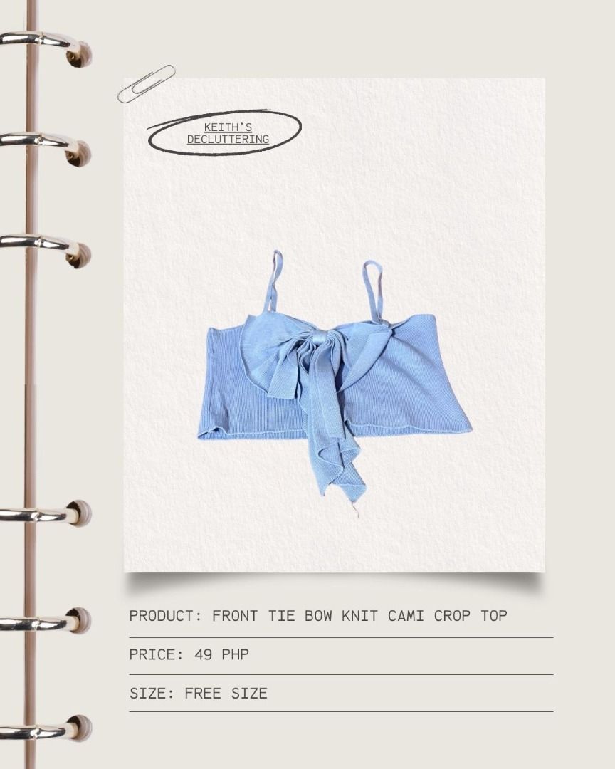 Front Tie Bow Knit Cami Crop Top (Category: Sleeveless) located in Dasmarinas. Submitted by skitkatya (Listing ID 1466384315, Image 1). Description: - Color: Light blue - Style: Knit cami crop top with front tie bow detail and thin shoulder straps - Size: Free size - Material: Lightweight and comfortable - Perfect for: Casual days out, layering under jackets, or pairing with high-waisted jeans and shorts.