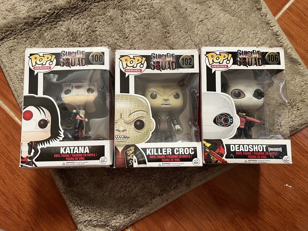 Funko Pop Suicide Squad BUNDLE (Category: Figurines & Statues) located in Quezon City. Submitted by ainchains (Listing ID 1466423410, Image 1). Description: Suicide Squad Funko Pop 3-figure BUNDLE - Includes Katana (#100), Killer Croc (#102), and Masked Deadshot (#106) - Original boxes included for all figures - Selling as a complete set - Great addition for DC fans and Funko collectors - Meetup or shipping options available Obvious wear and the 