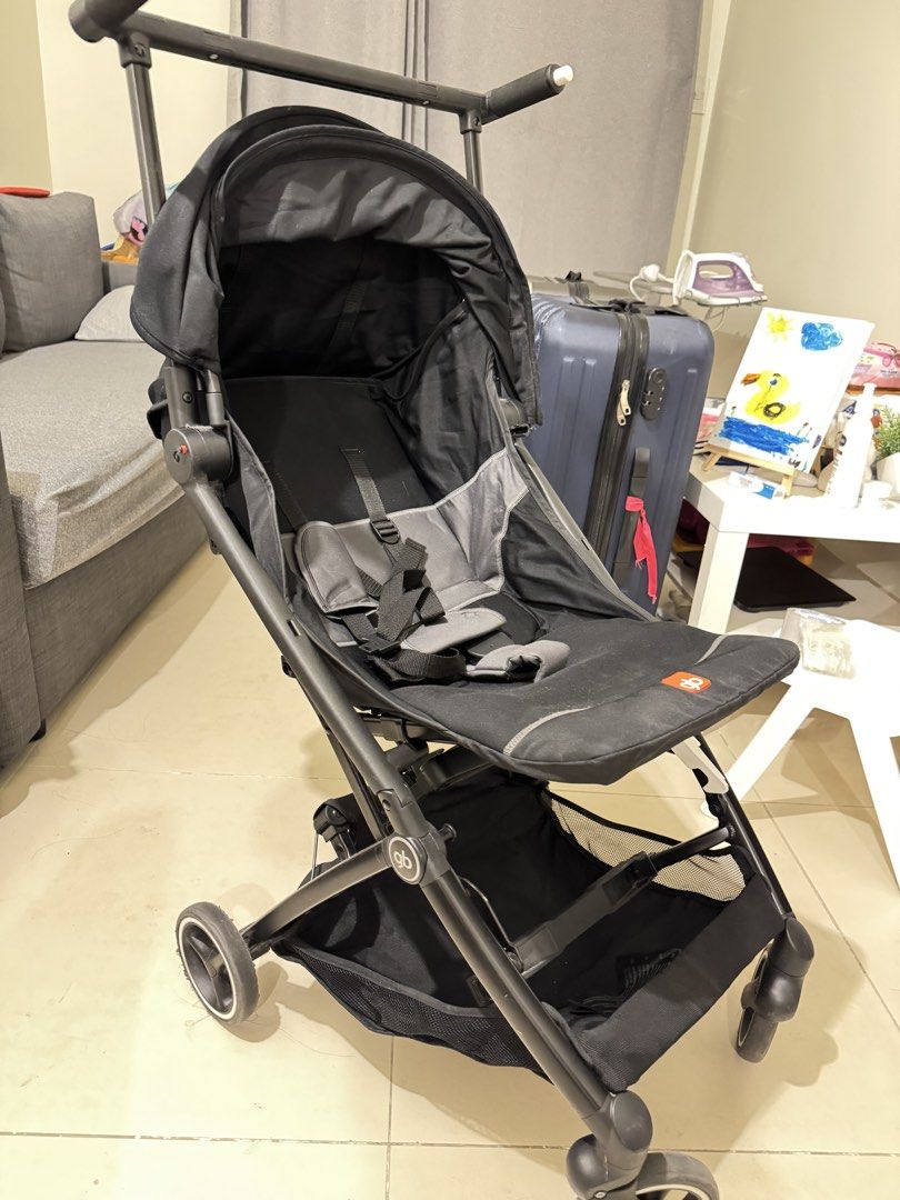 gb Black Stroller Travel Pram (Category: Strollers) located in Mandaluyong City. Submitted by wear.lia (Listing ID 1466507428, Image 1). Description: - Color: Black and grey - Design: Compact fold, perfect for travel and public transport - Safety: Secure harness system with shoulder pads - Storage: Large basket underneath for essentials - Protection: Built-in canopy for sun protection - Condition: Normal wear from everyday use, everything functio