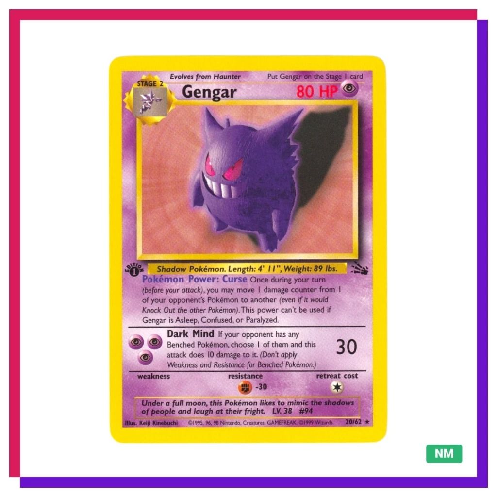 Gengar 20/62 (Category: Raw Singles) located in Quezon City. Submitted by sherylneri (Listing ID 1466466385, Image 1). Description: 1999 Pokemon Base Set - Gengar (1st Edition) | Fossil | R | 20/62 | EN 💯 Original 💯 Authentic • Card condition is indicated in the photo. (MT) Mint (NM) Near Mint (EX) Excellent (GD) Good (PR) Poor • Can send additional photos/videos upon request. • Manage your expectations for vintage cards. • ALL CARDS are sleeve
