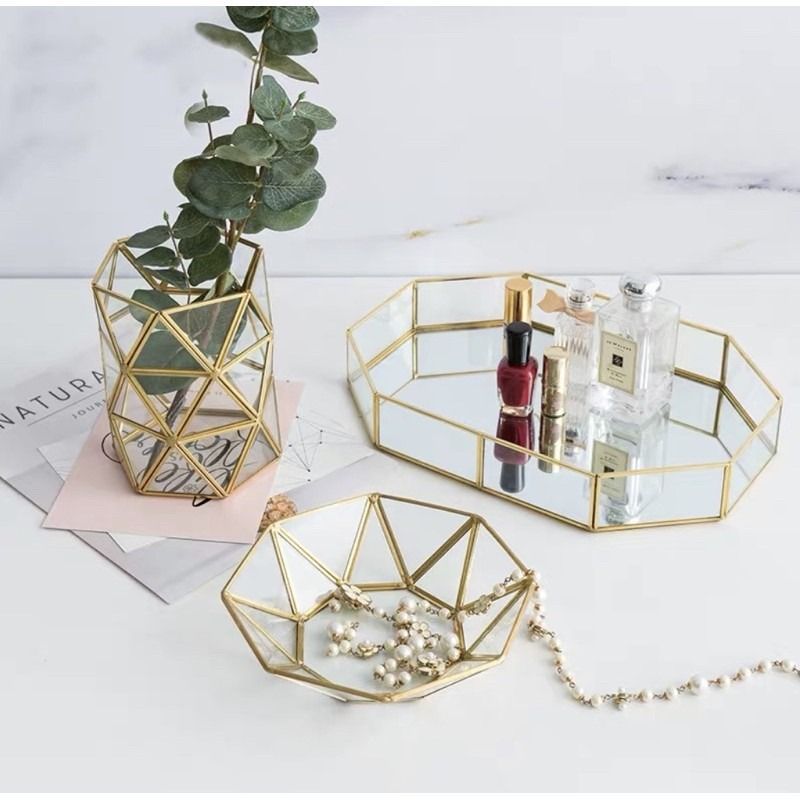 Gold Glass Mirror Tray Vanity Organizer (Category: Mirrors) located in Manila. Submitted by winterbliss (Listing ID 1466462675, Image 3). Description: 🌟Rectangular - Size: Medium: 30 * 20 * 5 (cm) Large: 35 * 20 * 5 (cm) - Package size: 40 * 25 * 10 (cm) - Weight: ~ 0.7kg 🌟Square - Size: 25 * 25 * 4 (cm) - Package size: 26.5 * 8 * 26 (cm) - Weight: ~ 0.6kg 🌟Octagonal - Size: Small: 20 * 14 * 4 (cm) Large: 30 * 20 * 5 (cm) - Package size: 17.5 