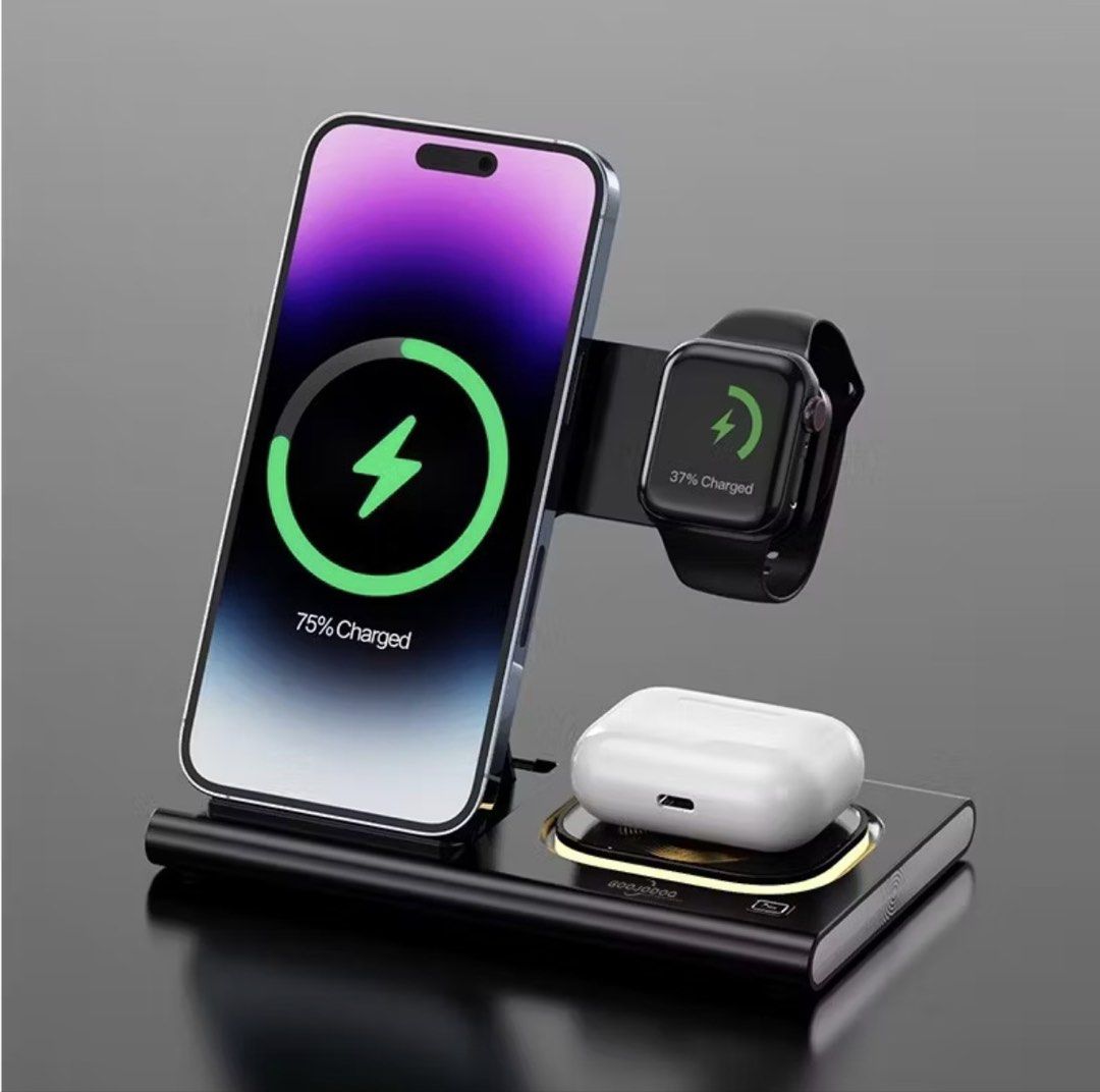 GOOJODOQ Foldable wireless charging station (Category: Chargers & Cables) located in Pasig City. Submitted by lagartode35575 (Listing ID 1466440573, Image 1). Description: - Brand: GOOJODOQ - Model: JJT-A80 (4-in-1 Foldable Wireless Charging Station) - Originally bought for 700+ Php - Color: Sleek matte black - Multi-device charging: Simultaneously powers your smartphone, smartwatch, and wireless earbuds - Design: Foldable and compact, perfect fo