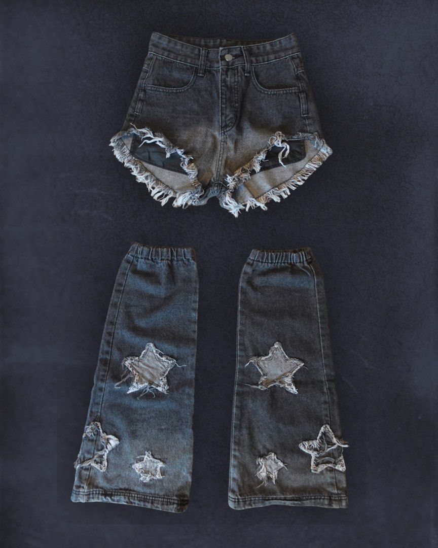 Gray Star Shorts + Leg Warmers Set (Category: Other Bottoms) located in Manila. Submitted by rezipp.official (Listing ID 1466496084, Image 1). Description: ✮ A grunge pair of ripped gray shorts and matching star-adorned leg warmers ✮ — ⟢ Category: Bottoms ⟢ Brand: N/A ⟢ Condition: Brand New ⟢ Image 2 shows a possible outfit combination, additional items are not included 📏 MEASUREMENTS ⟢ Size: XS ⟢ Fit: Fitted ⟢ Cut: High ✨ FEATURES ⟢ Material: D