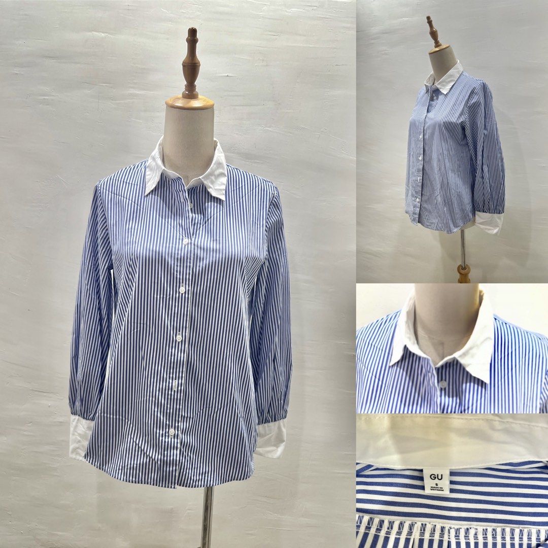 GU Blue and White Striped Long Sleeve Shirt (Category: Longsleeves) located in Bacolod City. Submitted by bhabissagal-05763 (Listing ID 1466497708, Image 1). Description: - Brand: GU - Size: S - Design: Blue and white striped with contrasting white collar and wide cuffs - Closure: Button-down front - Origin: Made in Vietnam - Style: Classic and versatile, perfect for both work and casual weekends - Pairing: Easy to match with trousers or jeans.