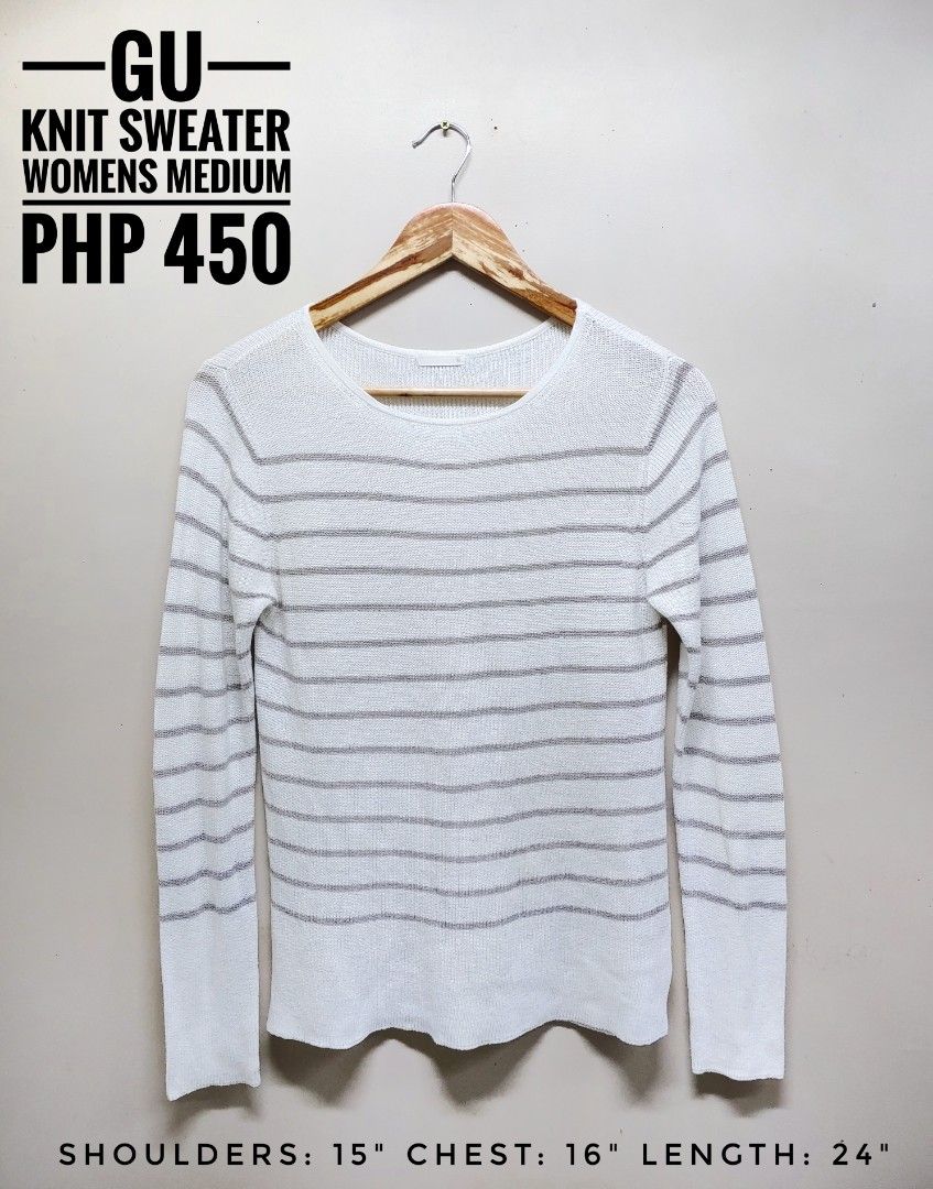 GU Knit Sweater Womens Medium Striped (Category: Longsleeves) located in Dagupan City. Submitted by upforgrabs2400 (Listing ID 1466414784, Image 1). Description: GU Knit Sweater - Color: White with grey stripes - Size: Women's Medium - Measurements (Flat Lay): Shoulders 15", Chest 16", Length 24".