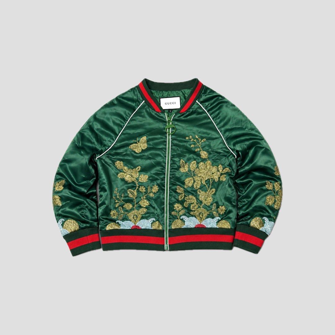 Gucci Duchesse silk embroidered bomber jacket (Category: Coats, Jackets and Outerwear) located in Bacoor. Submitted by striped_boyz (Listing ID 1466415796, Image 1). Description: Gucci Duchesse silk embroidered bomber jacket size S on tag 19W 20L 10/10 condition no issue 499 free shipping.