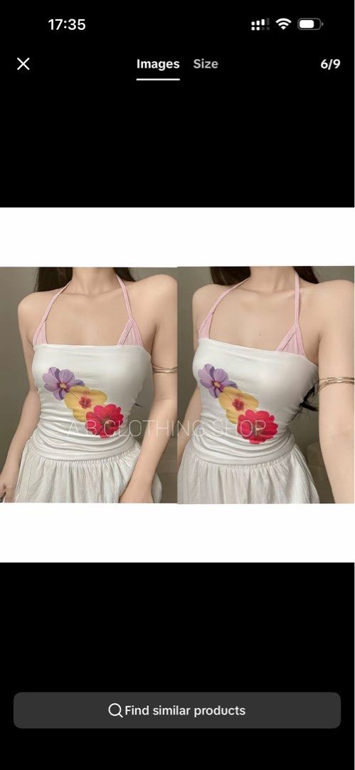 Halter Top XS - S (Never used) (Category: Others Tops) located in Taguig. Submitted by jdrysssss (Listing ID 1466441822, Image 2). Description: - Color: White with pink halter straps - Design: 3 printed flowers (purple, yellow, and red) in the center - Fit: Stretchy and snug - Ideal for: Summer days, casual outings, and beach trips - Condition: Worn once, still in great shape.