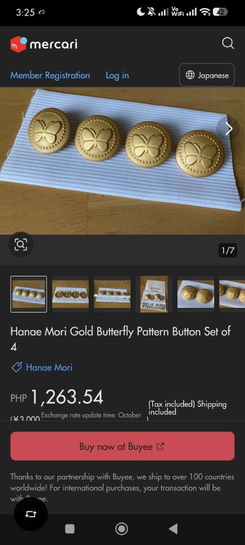 Hanae Mori Gold Butterfly Pattern Buttons (Category: Earrings) located in Quezon City. Submitted by gemaicloset (Listing ID 1466354526, Image 2). Description: - Brand: Hanae Mori - Quantity: Set of 4 gold-tone buttons - Design: Raised butterfly motif with dot patterns and matte finish - Backing: Shank style with stamped signature logo - Material: Heavy metal construction - Ideal for: Sewing projects or replacing jacket hardware.