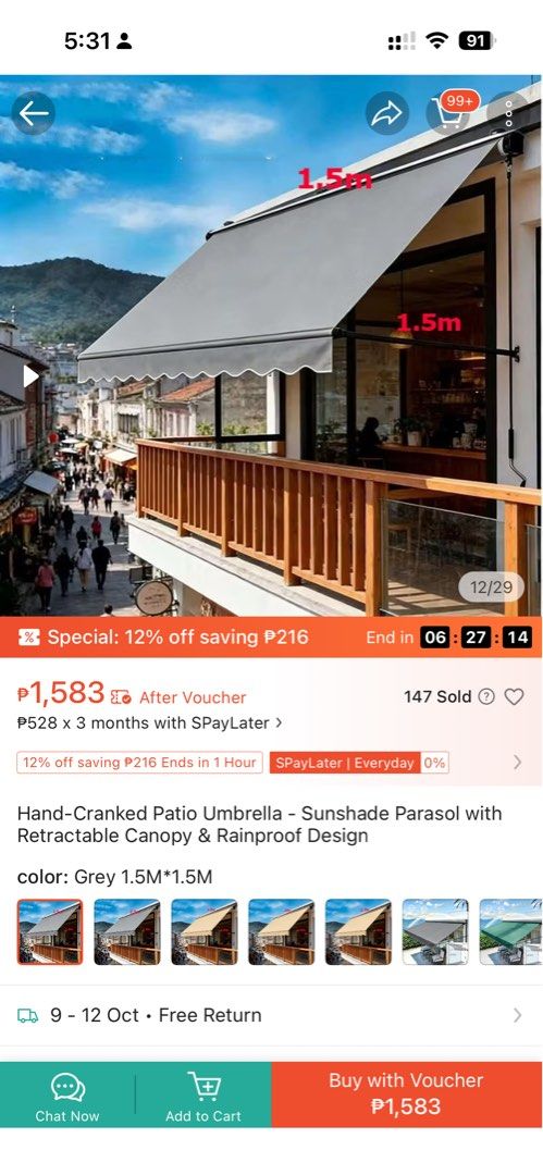 Hand-cracked awning / canopy (Category: Outdoor Furniture) located in Marikina City. Submitted by nanananuggets (Listing ID 1466441192, Image 3). Description: Never used. Reason for selling: did not fit our space Pickup from: Rancho, Marikina.