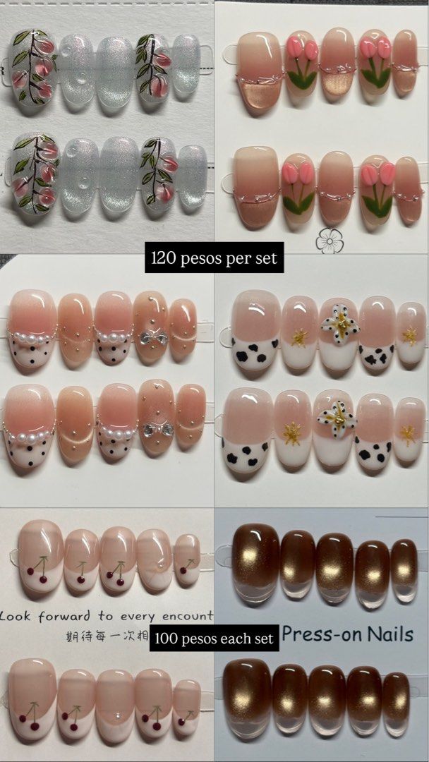 Handmade Press-on Nails (Category: Hands & Nails) located in Mandaluyong City. Submitted by ferrycabanatan (Listing ID 1463146692, Image 2). Description: HAND MADE PRESS ONS FOR SALE All designs are S Size Only 1 piece per design available, sold out designs will be removed/marked on the listing. See photo for prices from 90 pesos to 150 pesos. Each set comes with nail prepping mini kit. (nail pusher, alcohol pad, jelly glue, nail file) 📍Plainvie