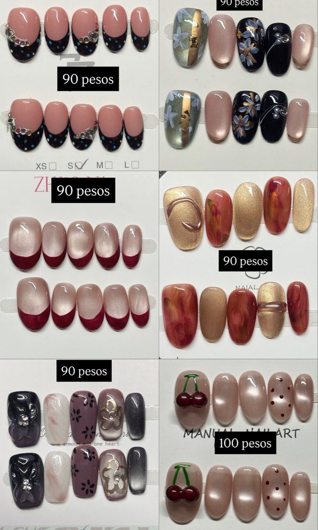Handmade Press-on Nails (Category: Hands & Nails) located in Mandaluyong City. Submitted by ferrycabanatan (Listing ID 1463146692, Image 1). Description: HAND MADE PRESS ONS FOR SALE All designs are S Size Only 1 piece per design available, sold out designs will be removed/marked on the listing. See photo for prices from 90 pesos to 150 pesos. Each set comes with nail prepping mini kit. (nail pusher, alcohol pad, jelly glue, nail file) 📍Plainvie
