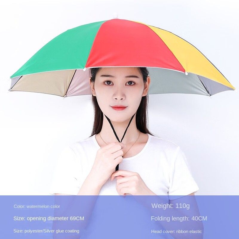 Hands-Free Rainbow Head Umbrella Sun Rain Hat Cap (Category: Hats & Beanies) located in Zaragoza. Submitted by sherree1281 (Listing ID 1466475718, Image 2). Description: Rainbow head umbrella for fishing, gardening, or outdoor sports. Keeps hands totally free while protecting from sun and rain. Measures 52cm across when open and 35cm folded down. Made from durable polyester with silver glue coating for UV protection. Weighs only 110g. Elastic hea