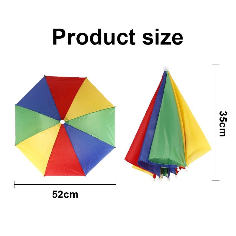 Hands-Free Rainbow Head Umbrella Sun Rain Hat Cap (Category: Hats & Beanies) located in Zaragoza. Submitted by sherree1281 (Listing ID 1466475718, Image 3). Description: Rainbow head umbrella for fishing, gardening, or outdoor sports. Keeps hands totally free while protecting from sun and rain. Measures 52cm across when open and 35cm folded down. Made from durable polyester with silver glue coating for UV protection. Weighs only 110g. Elastic hea
