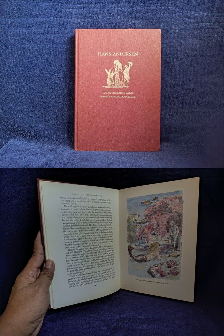 Hans Andersen Illustrated Classics Book Bundle (Category: Storybooks) located in Aroroy. Submitted by epicbird-0daf (Listing ID 1466405408, Image 2). Description: - Set of 2 hardcover Hans Andersen fairy tale books - Illustrated by renowned artist Edward Ardizzone - Red cloth bindings with elegant gold embossed lettering and artwork - Features a mix of colorful interior illustrations and classic black-and-white drawings - Perfect addition to any 