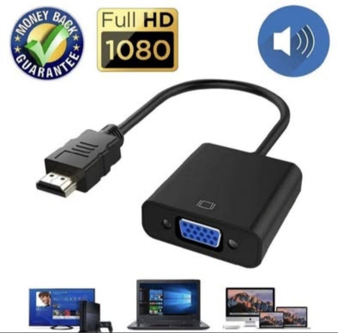 HDMI to VGA Adapter Cable 1080P Full HD (Category: Cables & Adaptors) located in Iloilo. Submitted by maikeru27 (Listing ID 1466539655, Image 3). Description: - Converts HDMI signals to VGA output effortlessly - Supports high-definition resolution up to 1920x1080 at 60Hz - Compatible with laptops, computer hosts, set-top boxes, monitors, TVs, and projectors - Sleek black color with a durable, short flexible cable design - Hassle-free plug-and-pla