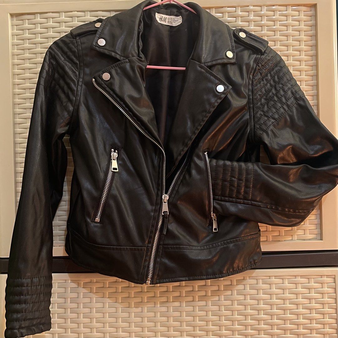 H&M Black Faux Leather Biker Jacket (Category: Coats, Jackets and Outerwear) located in Manila. Submitted by missmix_08 (Listing ID 1466517295, Image 1). Description: Used once only for try on haul - Brand: H&M - Material: Black faux leather - Hardware: Silver-toned with asymmetrical front zipper - Details: Quilted panels on shoulders and sleeves, zipped front pockets, classic lapel collar with snap buttons - Fit/Style: Great staple piece, perfec