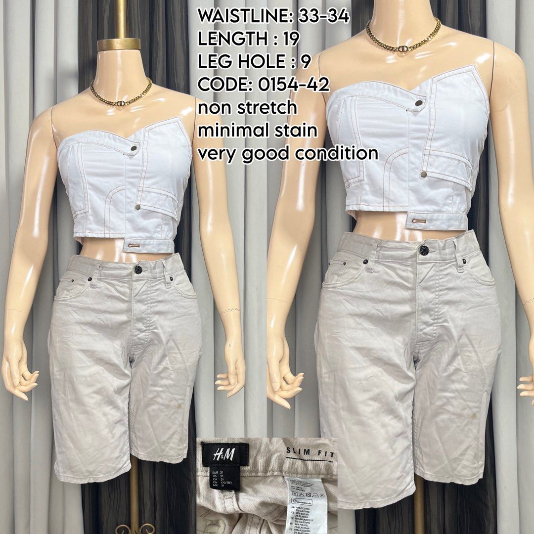 H&M Slim Fit Shorts (Category: Shorts) located in Naga. Submitted by rmapprl (Listing ID 1466495782, Image 1). Description: - Brand: H&M beige slim-fit denim shorts - Measurements: Waist 33-34, Length 19, Leg hole 9 - Product Code: 0154-42 - Fabric: Non-stretch - Style: Chic matching outfit for casual days out.