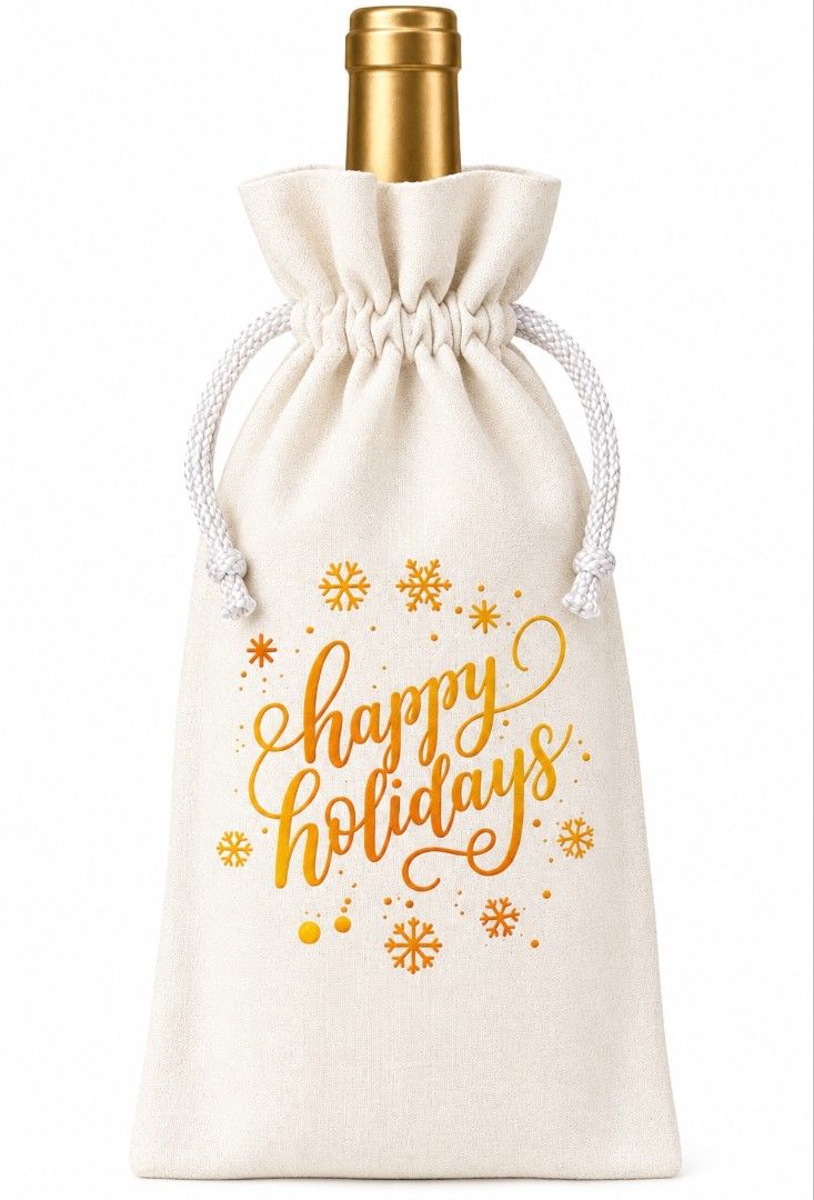 Holiday Wine Bottle Gift Bag with Drawstring (Category: Tote Bags) located in Quezon City. Submitted by nouveaucollections (Listing ID 1466442983, Image 1). Description: - Material: Reusable beige canvas fabric - Design: Gold cursive 'happy holidays' text with golden snowflakes and dots - Closure: White drawstring - Size: Fits standard wine or champagne bottles - Perfect for: Holiday parties, hostess gifts, and Christmas presents.
