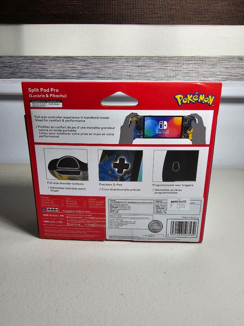 Hori Split Pad Pro Lucario & Pikachu for Nintendo Switch (Category: Controllers) located in Sariaya. Submitted by smileph (Listing ID 1466470015, Image 2). Description: - Brand new and 100% authentic Official Pokémon Licensed Product - Full-size controller experience for handheld mode on Nintendo Switch and Switch OLED - Features a precision D-pad, large comfortable shoulder buttons, and programmable rear triggers - Opened for testing.