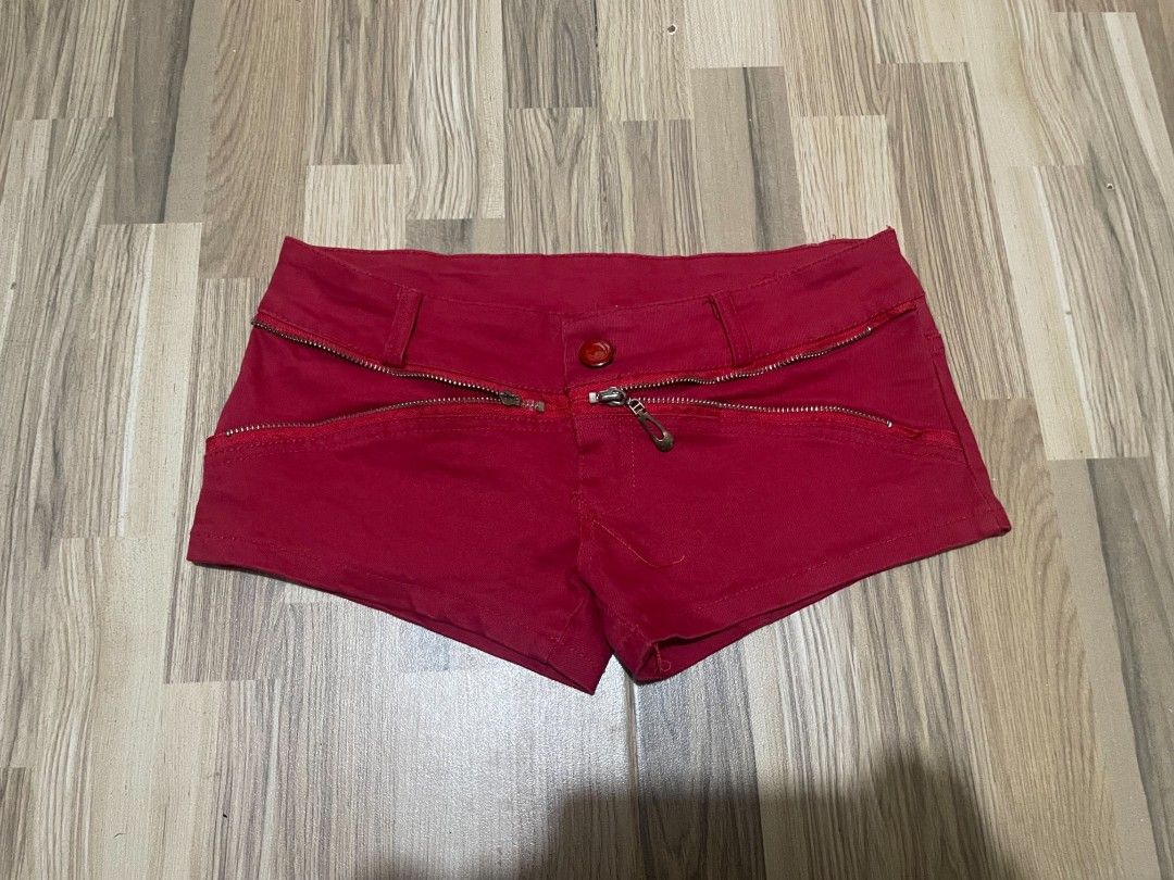 Sale|Hot Red Low-Rise Micro DENIM SHORTS (Category: Shorts) located in San Pedro. Submitted by r.vynarchive (Listing ID 1466550496, Image 1). Description: ❗Has minor zipper issue and missing a small red detail on the back pocket. Both flaws are not noticeable when worn Size 27 Length 7.2 •Washed & Ready to Wear —DM for deets.
